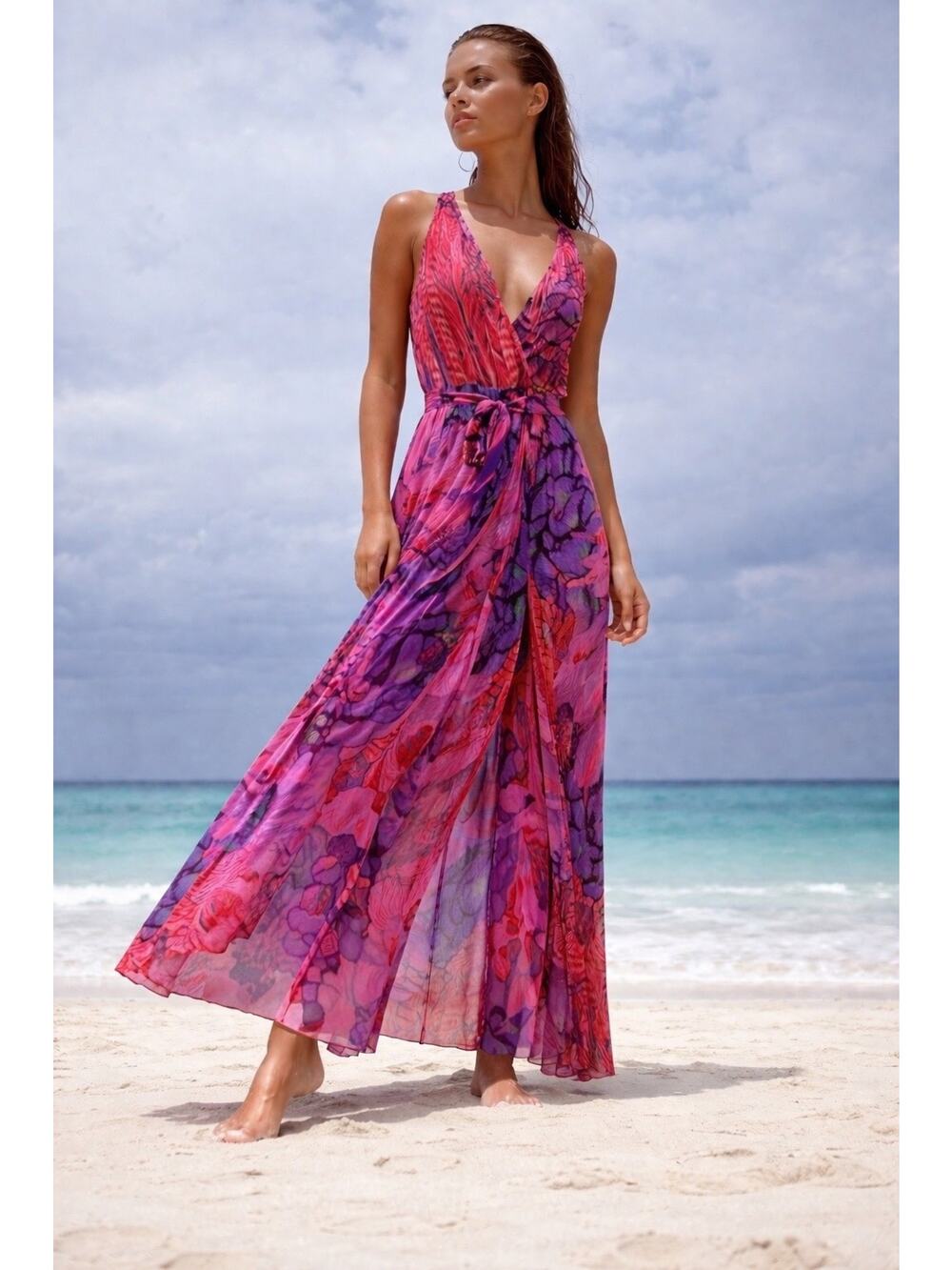Dolcessa Tropical Print Silk Blend Maxi Dress Luxury Resort Wear Swim Coverup